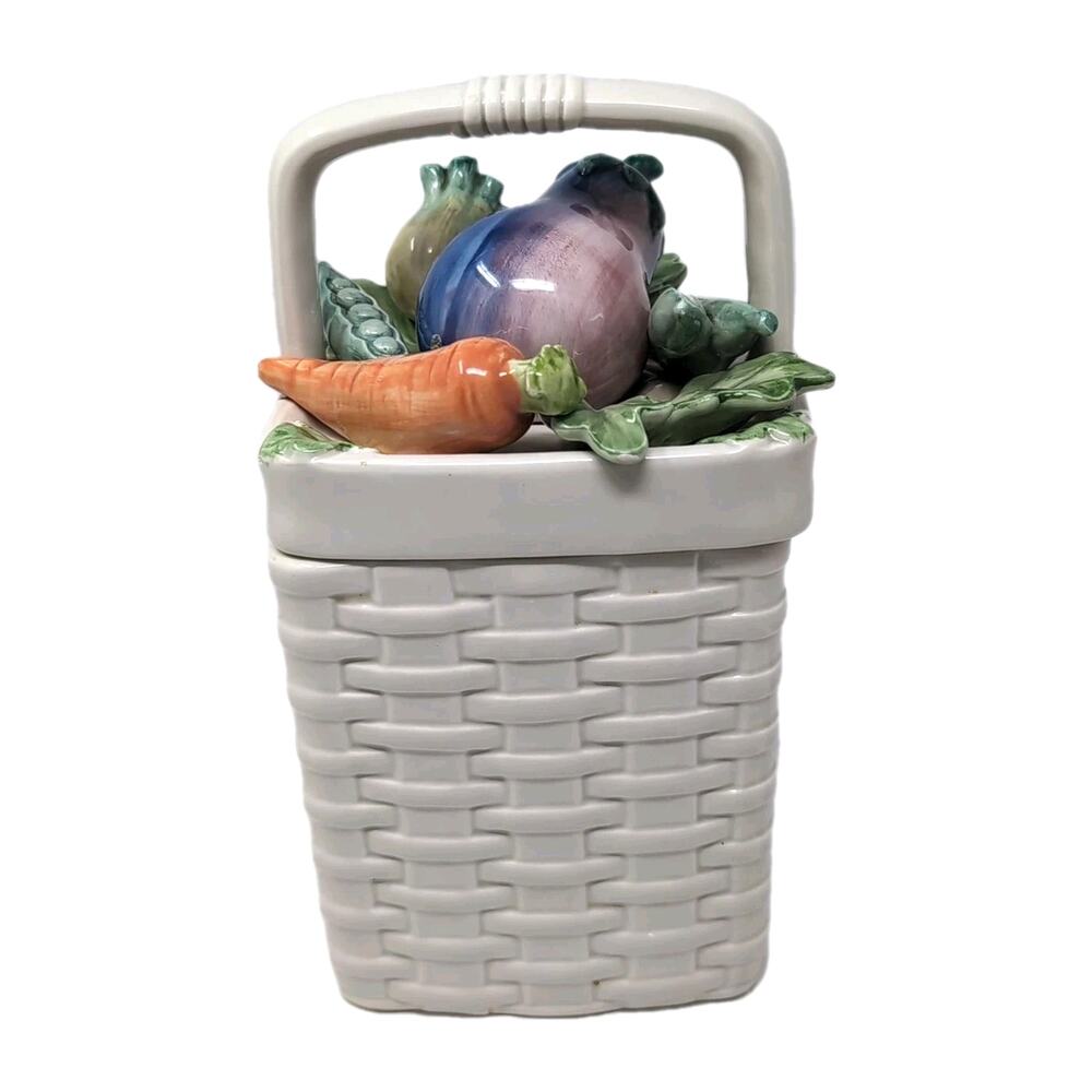 VTG Fitz & Floyd Canister Kitchen Harvest Basket Weave Colorful Vegetables READ
